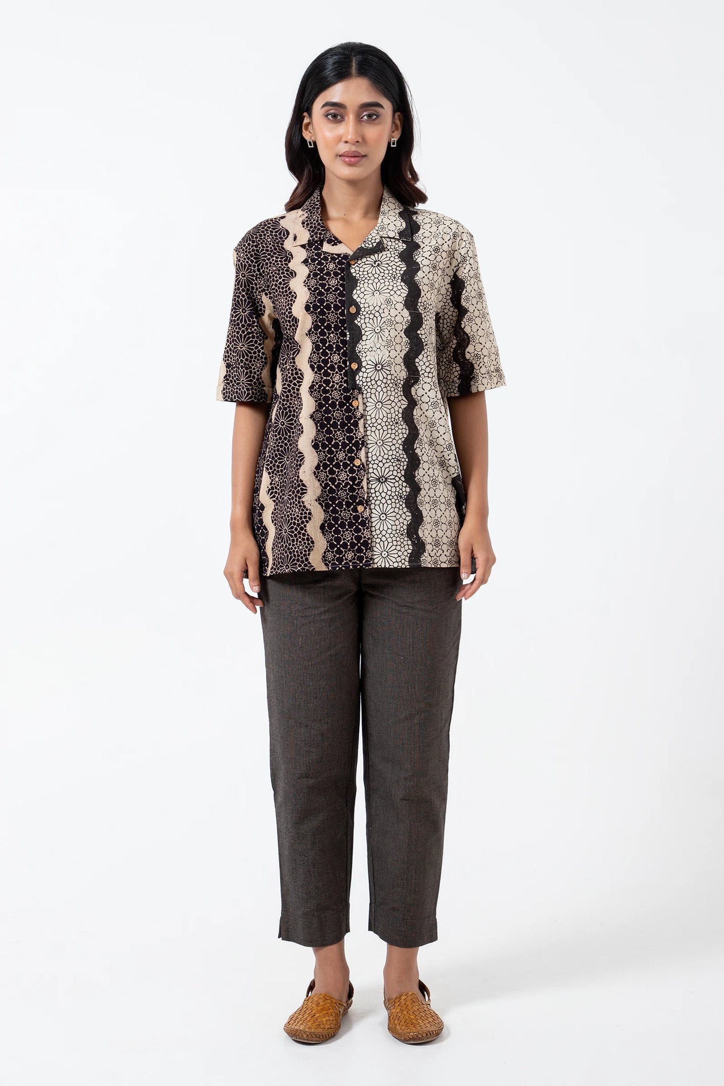 Block Printed Black Waves Holiday Formal Shirt