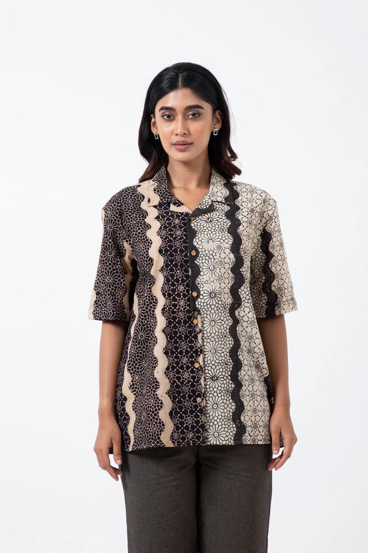 Block Printed Black Waves Holiday Formal Shirt