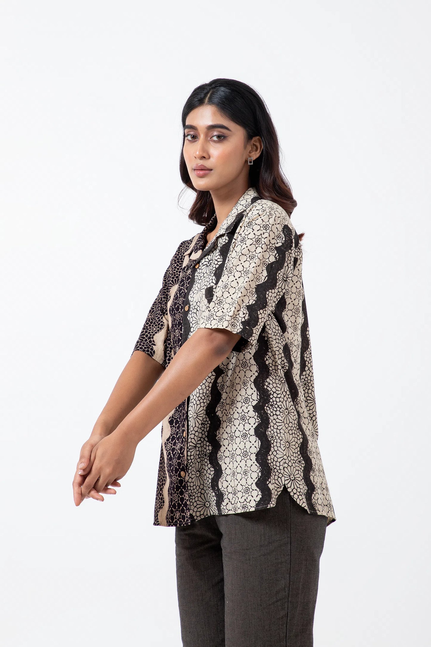 Block Printed Black Waves Holiday Formal Shirt