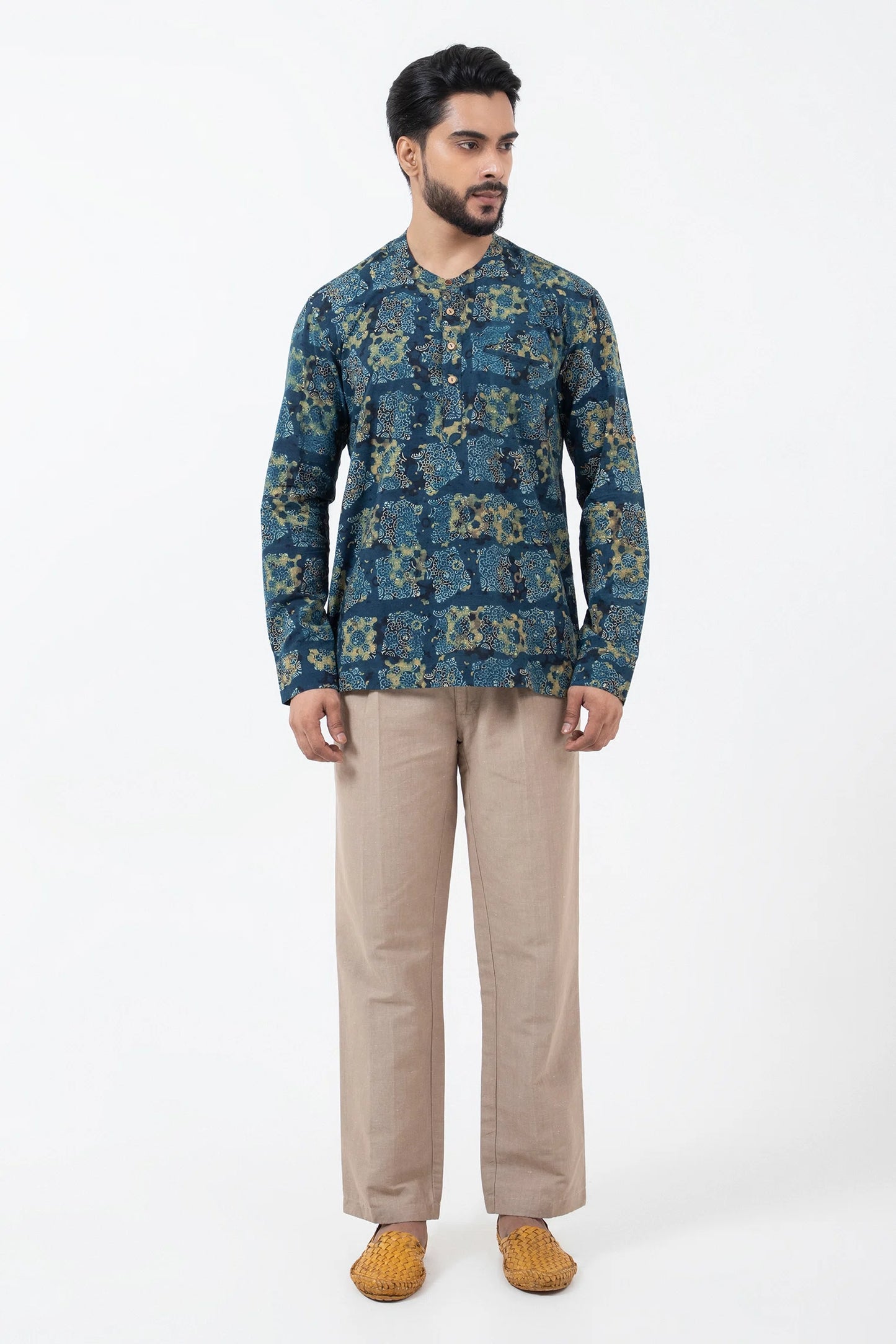 Block printed Classic Half Seagreen Popover Shirt