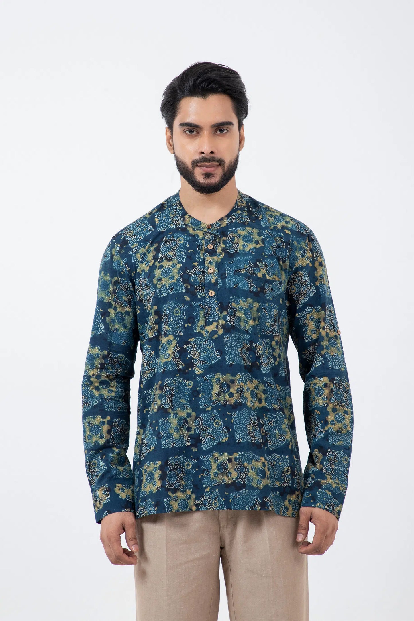 Block printed Classic Half Seagreen Popover Shirt