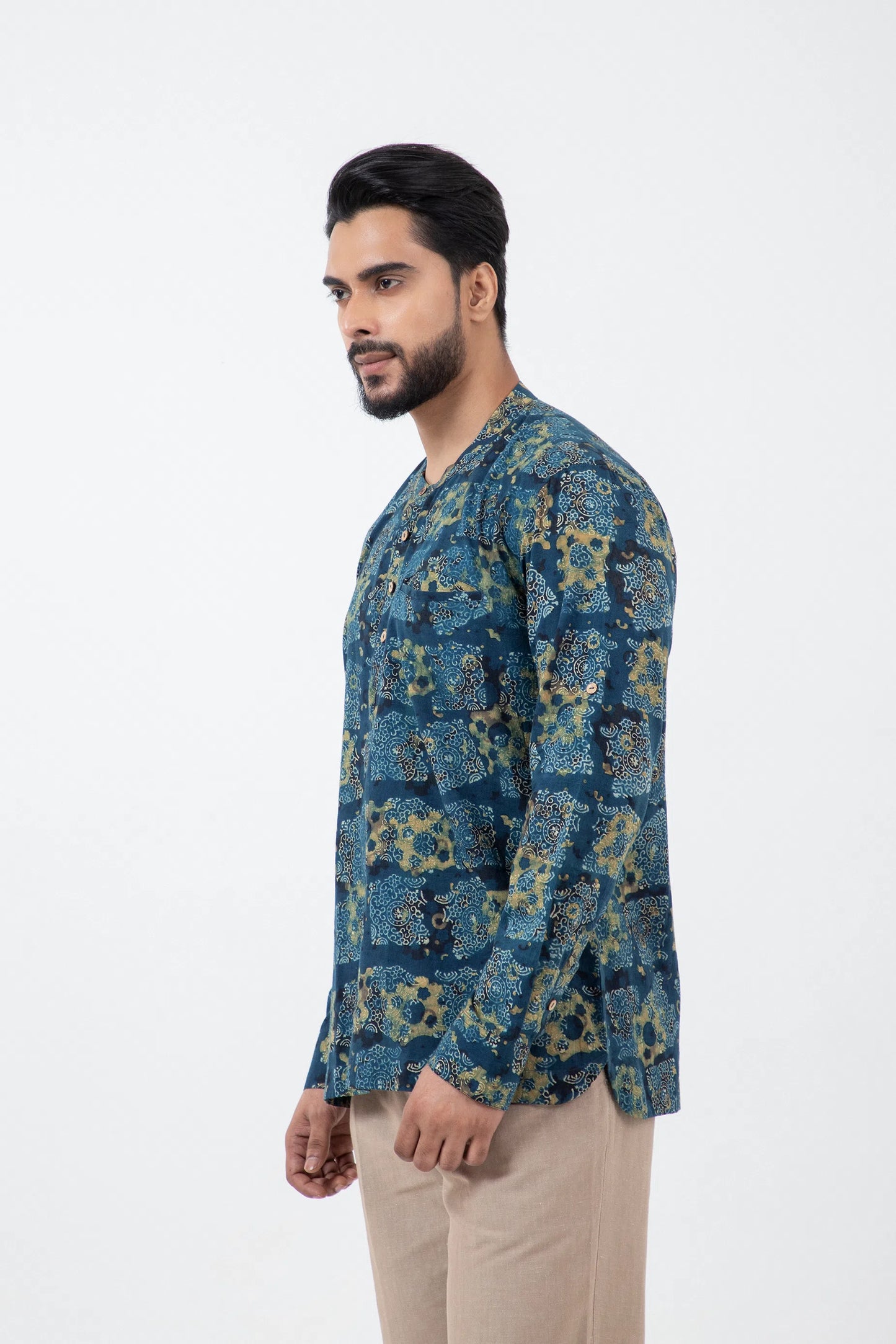 Block printed Classic Half Seagreen Popover Shirt