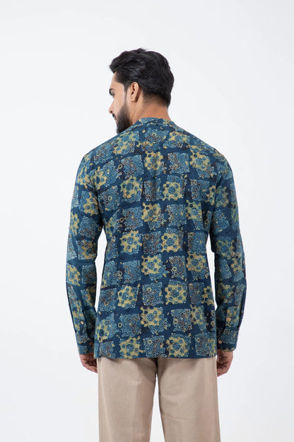 Block printed Classic Half Seagreen Popover Shirt