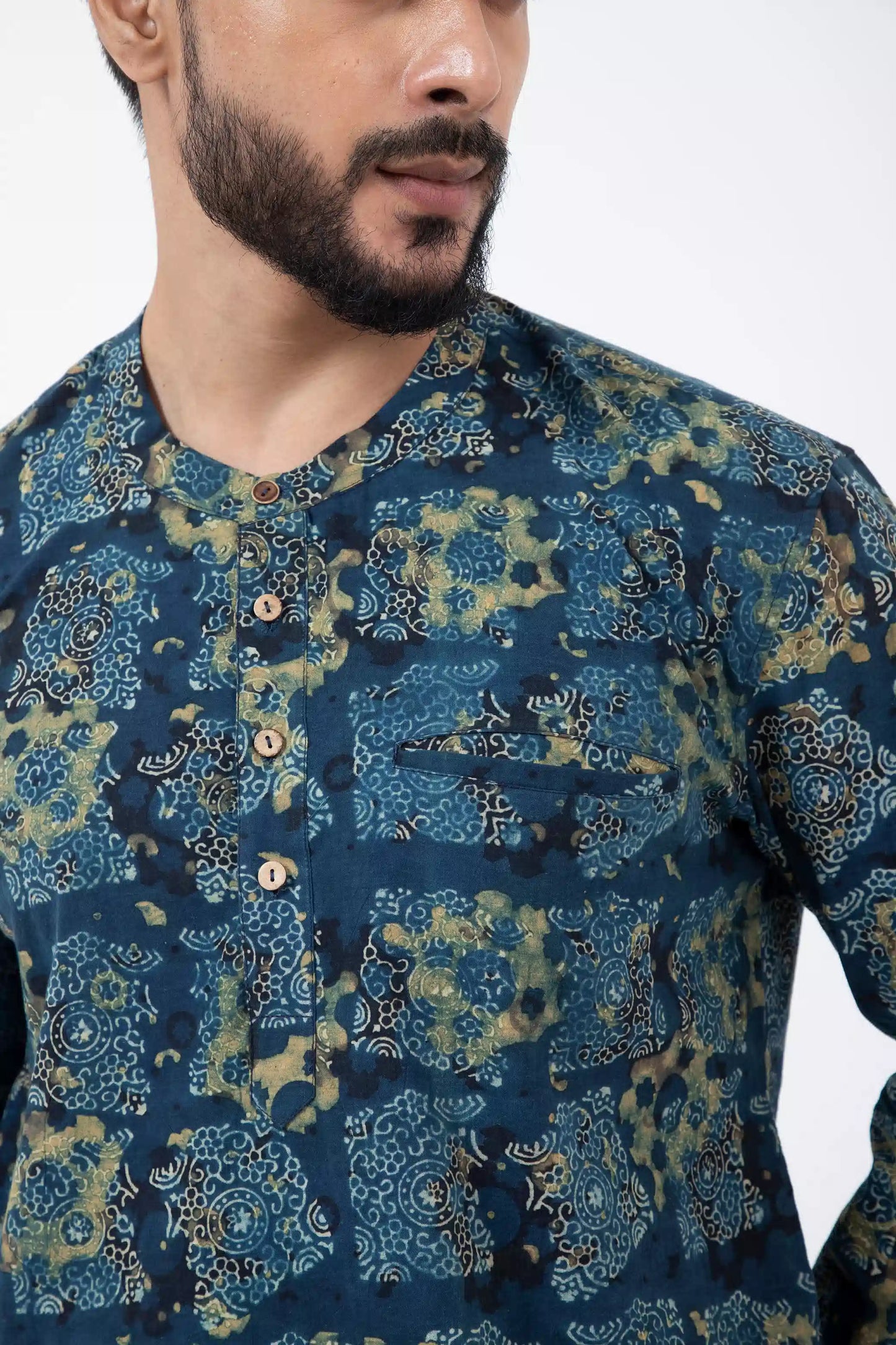 Block printed Classic Half Seagreen Popover Shirt