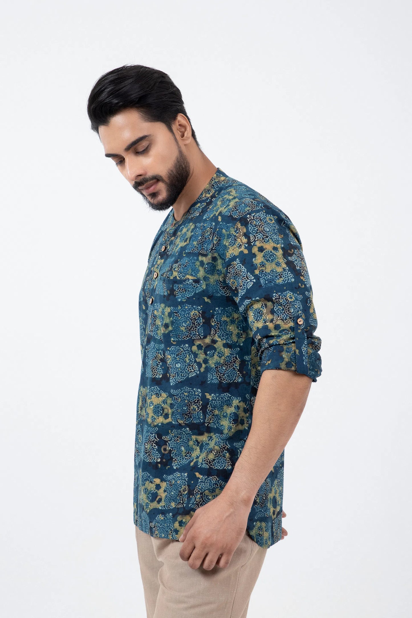 Block printed Classic Half Seagreen Popover Shirt