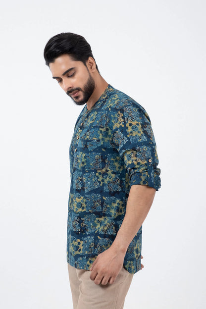 Block printed Classic Half Seagreen Popover Shirt