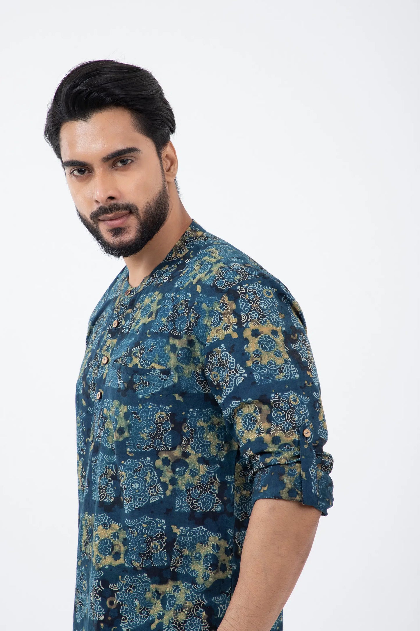 Block printed Classic Half Seagreen Popover Shirt