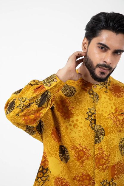 Block printed Sunshine Jaapani Kimono Shirt - Yellow