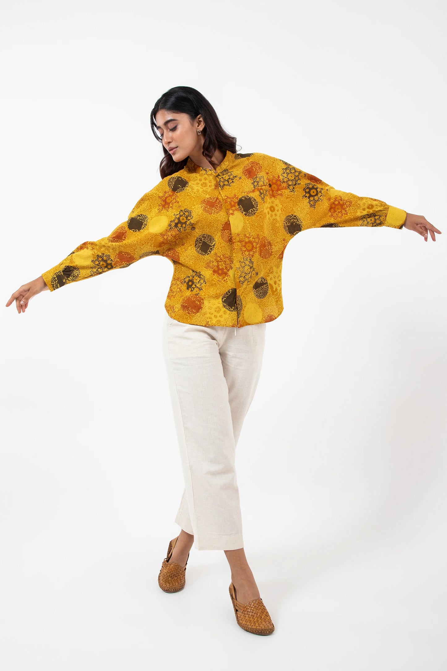 Block printed Sunshine Jaapani Kimono Shirt - Yellow