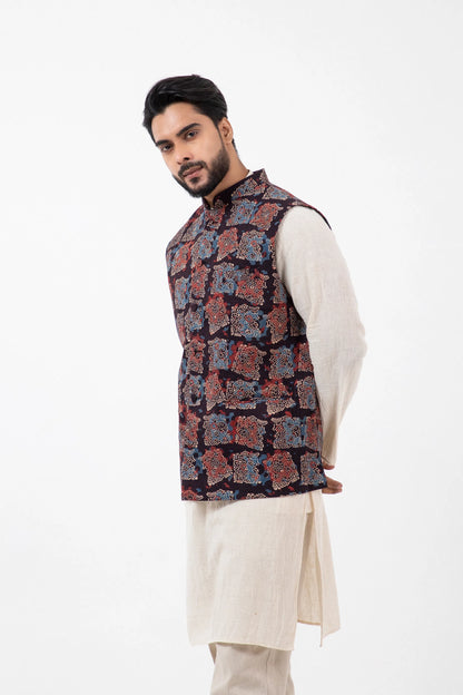 Block printed Atypical black Nehru Jacket