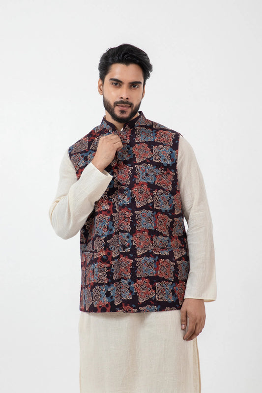 Block printed Atypical black Nehru Jacket