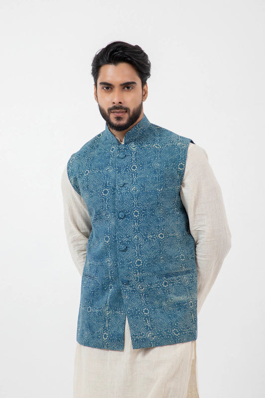 Block printed Clear sky Nehru Jacket