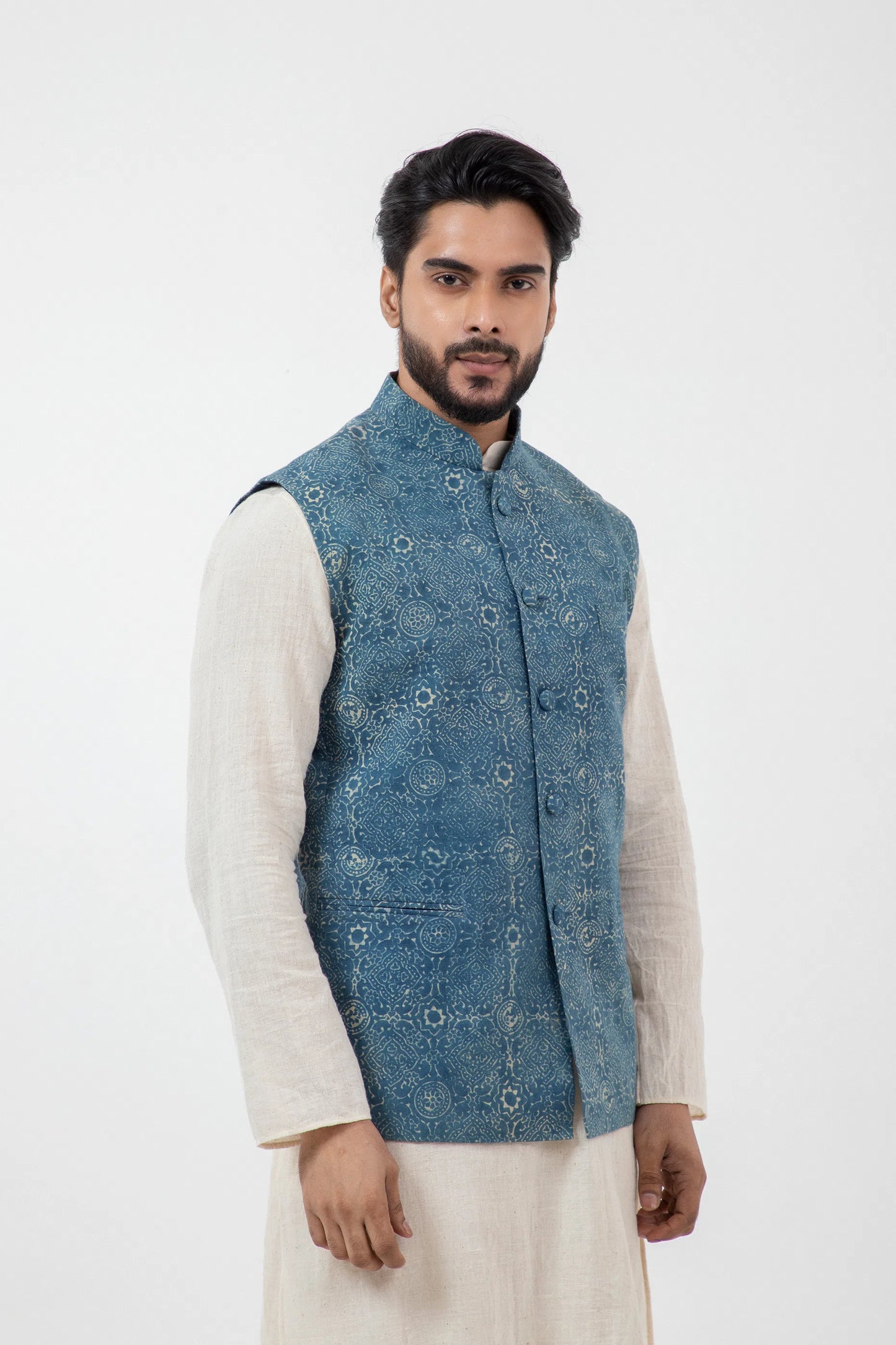 Block printed Clear sky Nehru Jacket