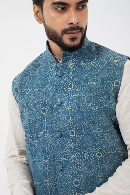 Block printed Clear sky Nehru Jacket