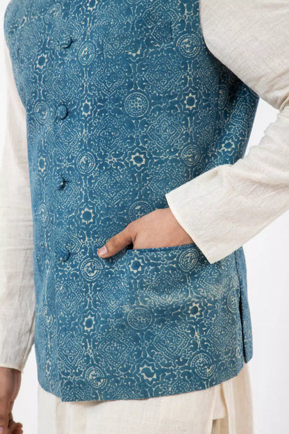 Block printed Clear sky Nehru Jacket