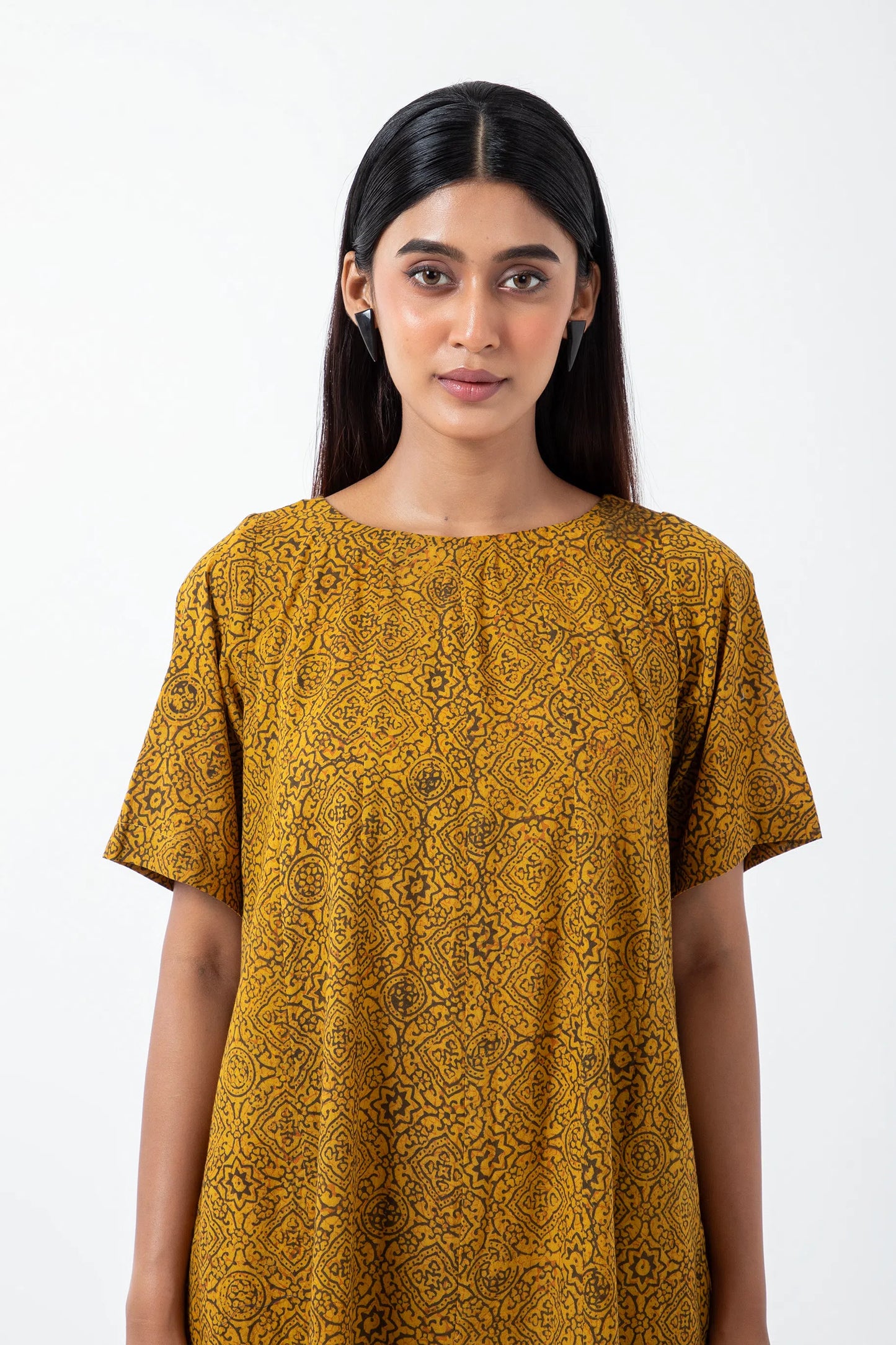 Block printed Ochre Silverlining Zero Waste Dress - Yellow