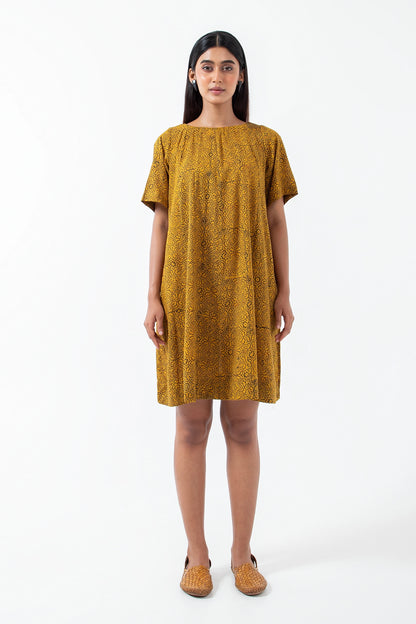 Block printed Ochre Silverlining Zero Waste Dress - Yellow