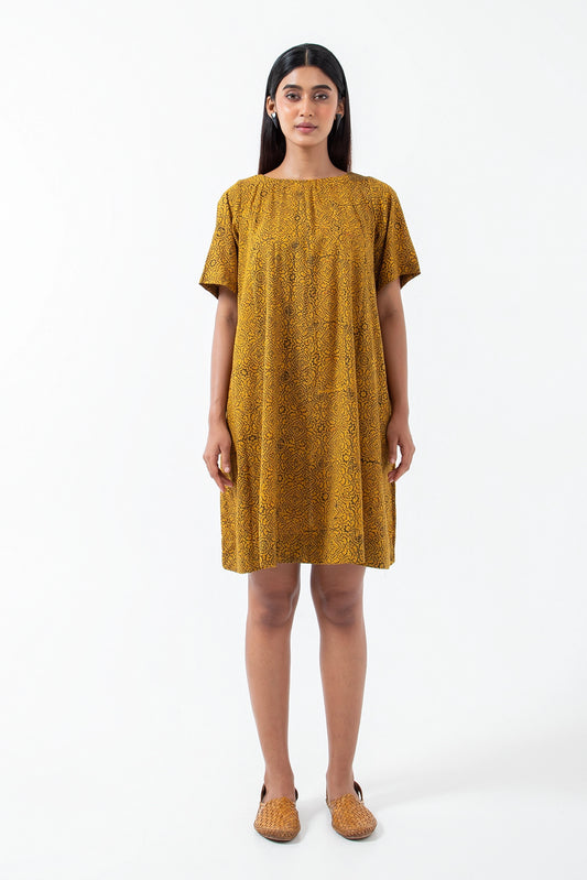 Block printed Ochre Silverlining Zero Waste Dress - Yellow