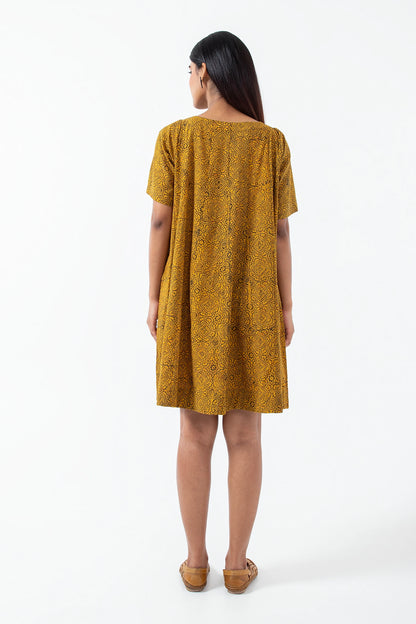 Block printed Ochre Silverlining Zero Waste Dress - Yellow