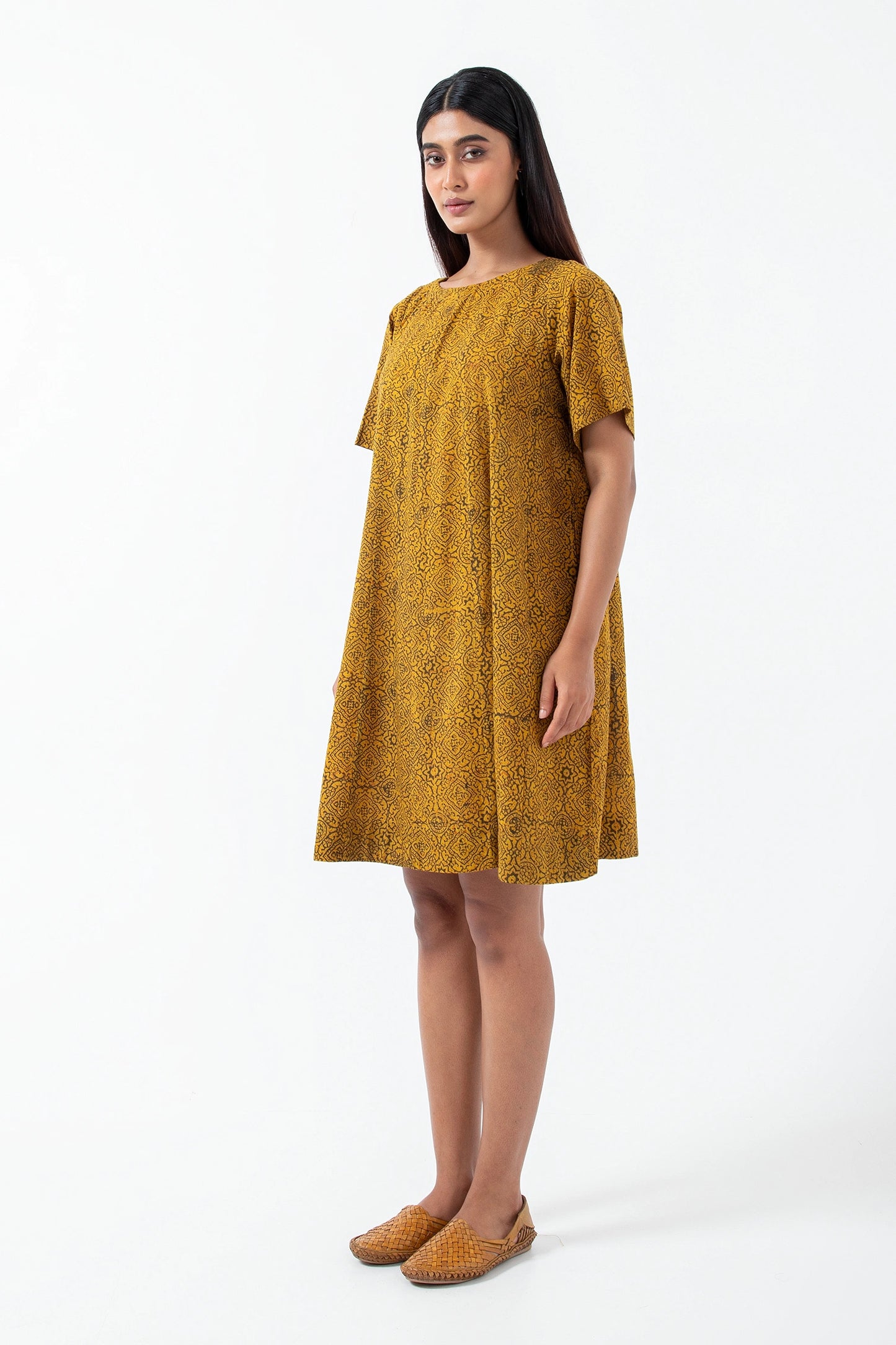 Block printed Ochre Silverlining Zero Waste Dress - Yellow