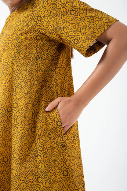 Block printed Ochre Silverlining Zero Waste Dress - Yellow