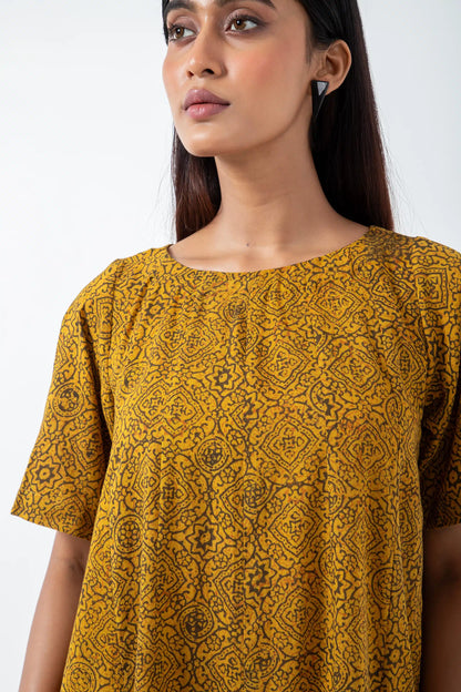 Block printed Ochre Silverlining Zero Waste Dress - Yellow