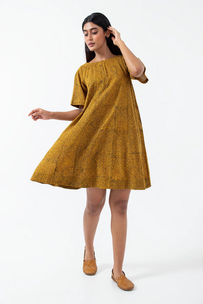 Block printed Ochre Silverlining Zero Waste Dress - Yellow