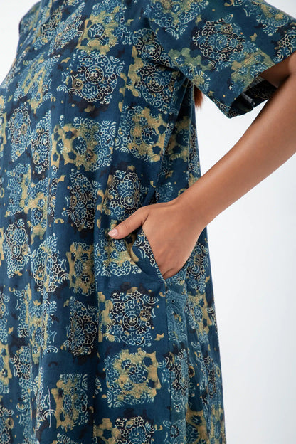 Block printed Atypical Seagreen Zero Waste Dress