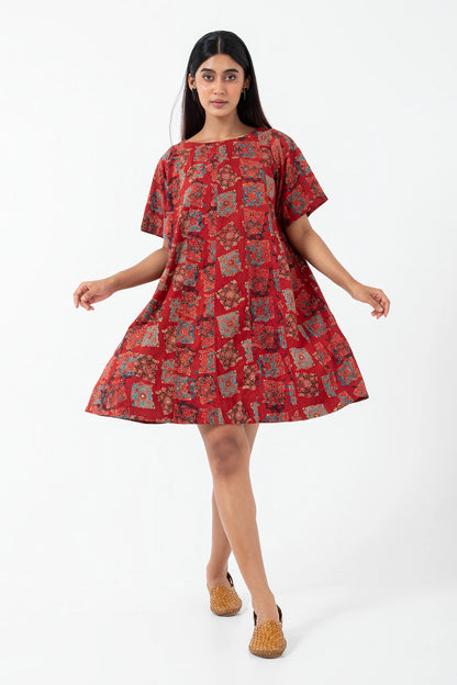 Block printed Atypical Red Zero Waste Dress