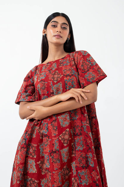 Block printed Atypical Red Zero Waste Dress