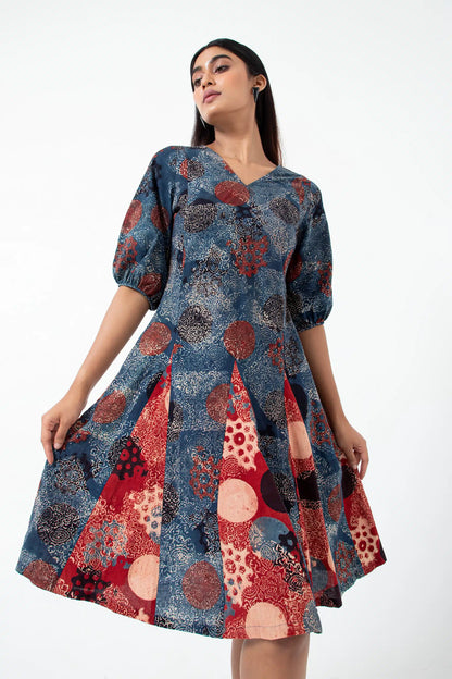 Block printed Indigo Swirl Dress