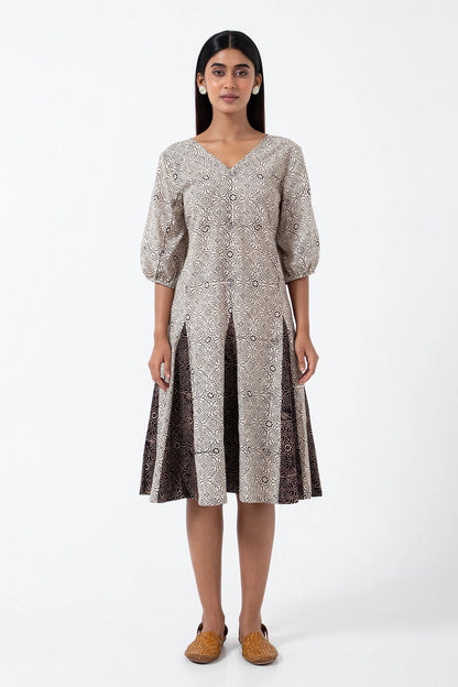 Block printed White Skyline Swirl Dress