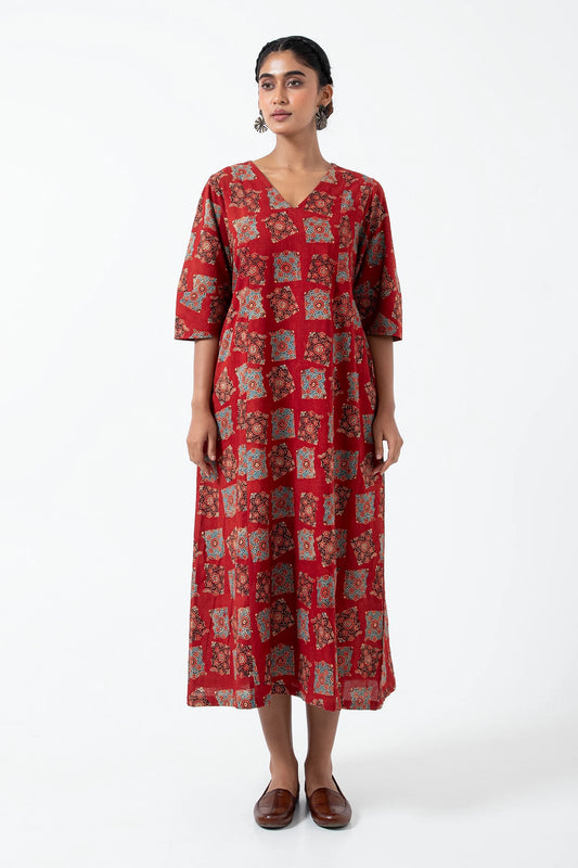 Block printed Classic Half Red Everyday Dress