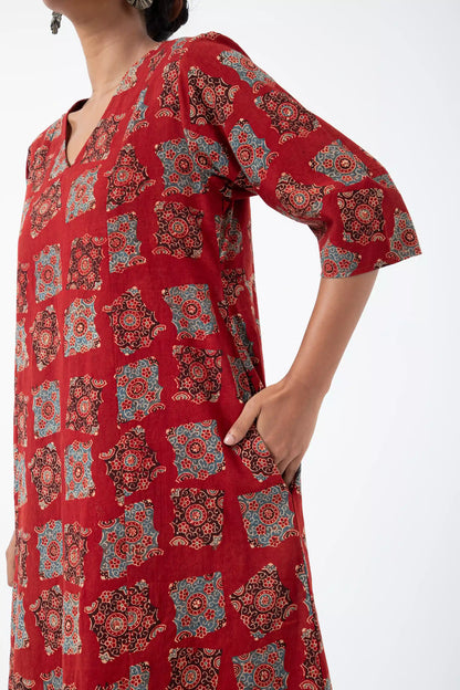 Block printed Classic Half Red Everyday Dress