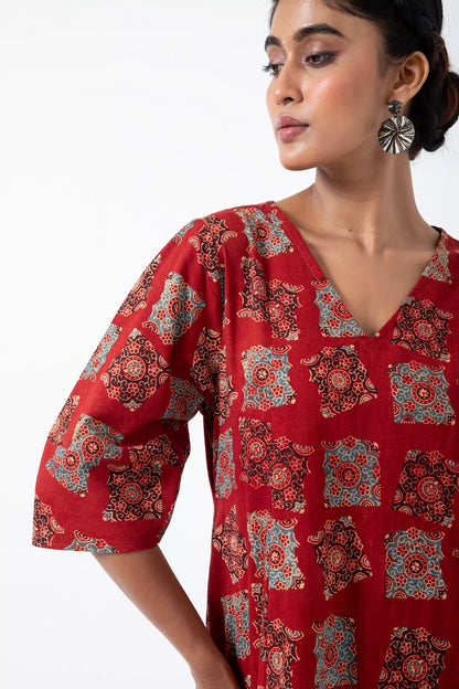 Block printed Classic Half Red Everyday Dress