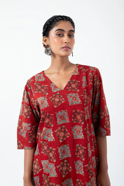 Block printed Classic Half Red Everyday Dress