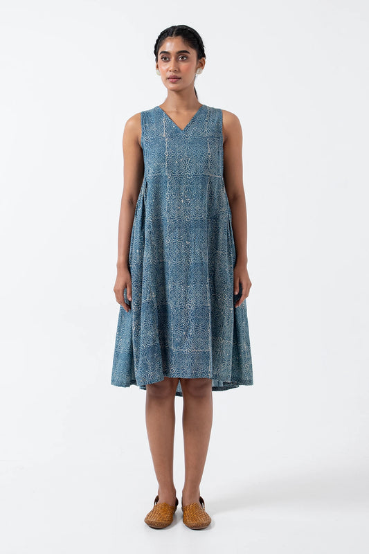 Block printed Indigo Skyline Sunday Dress