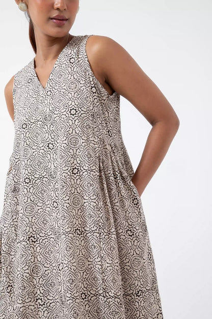 Block printed White Skyline Sunday Dress