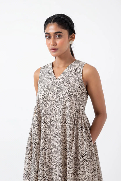 Block printed White Skyline Sunday Dress