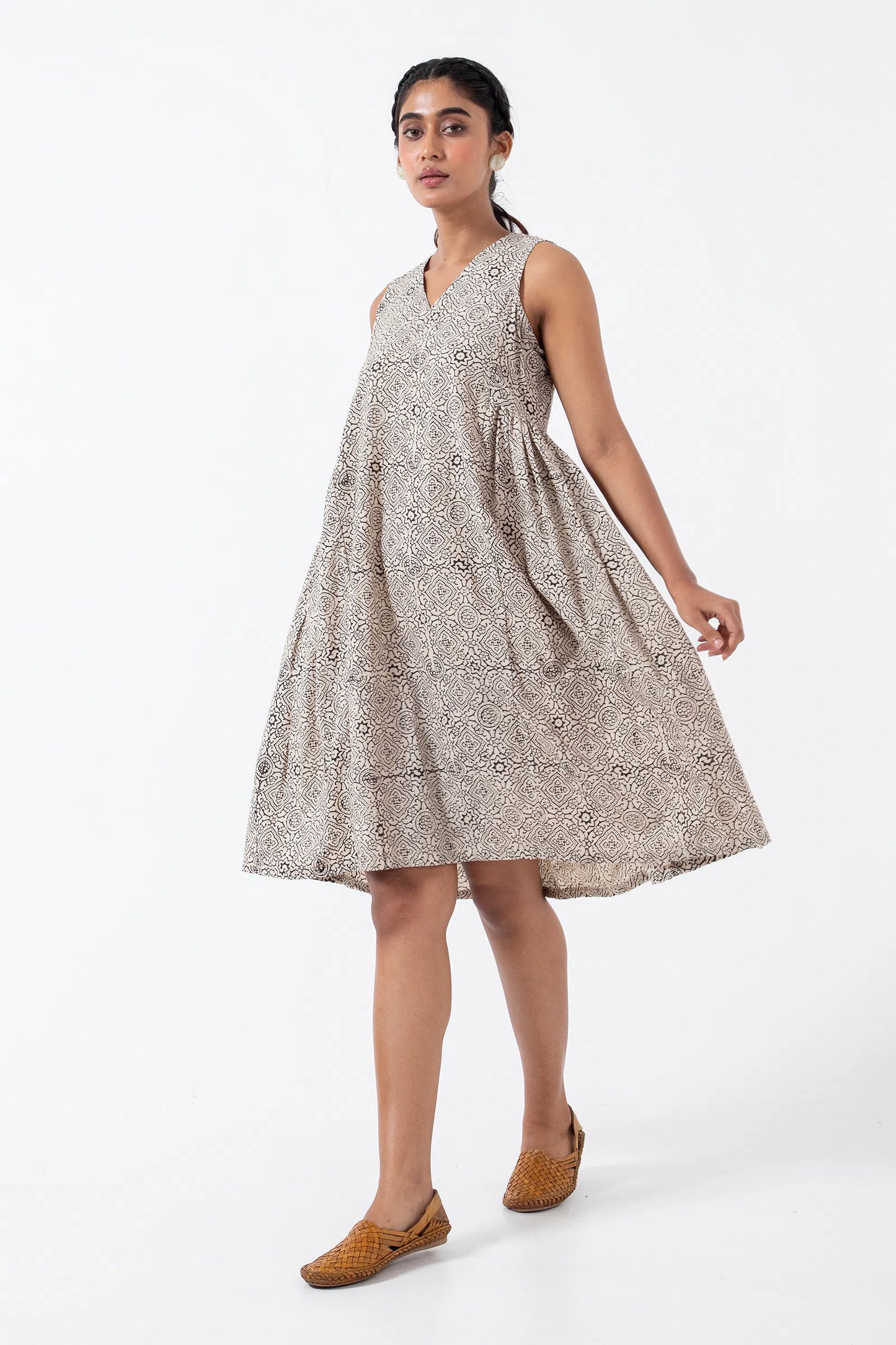 Block printed White Skyline Sunday Dress