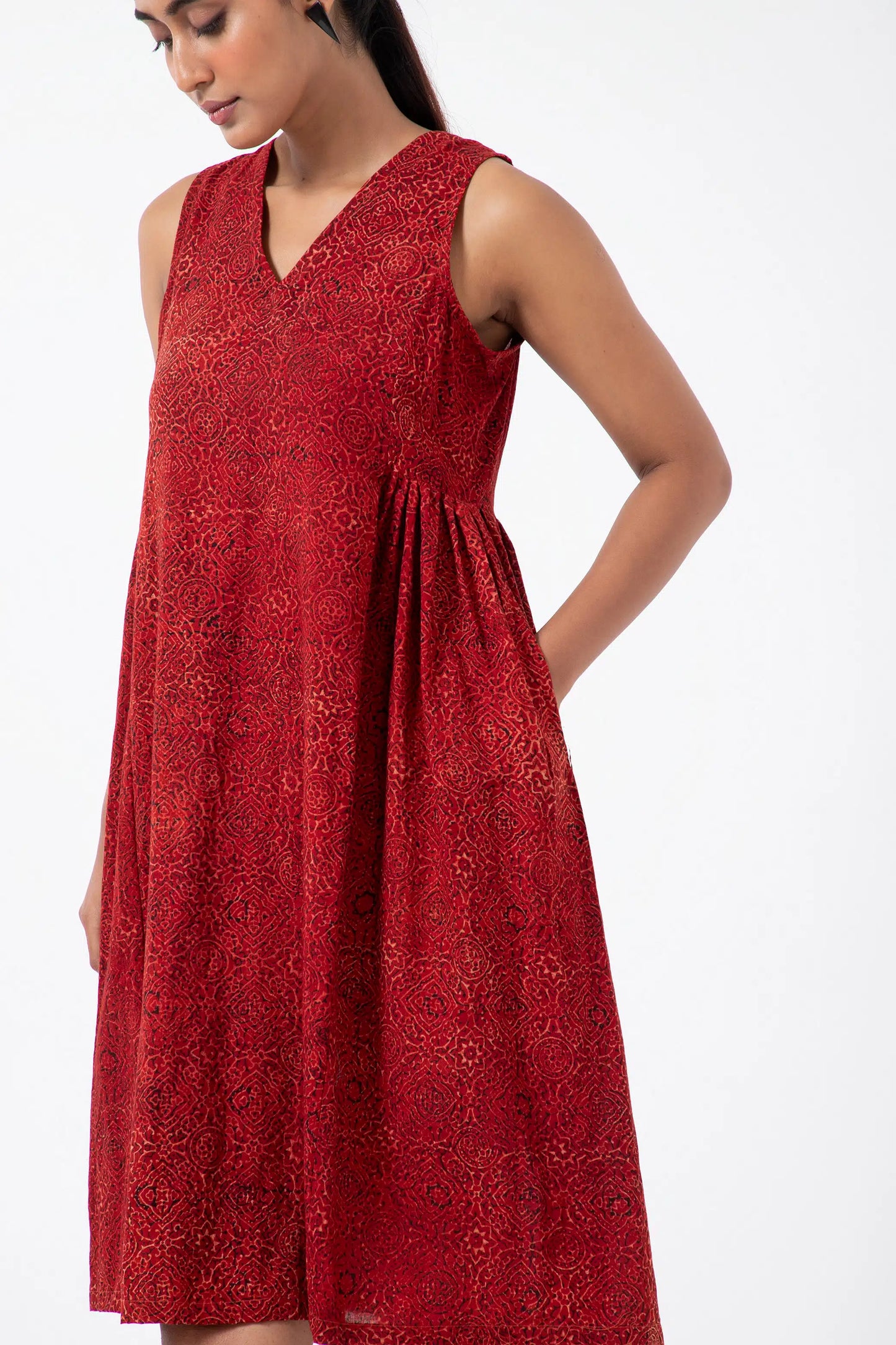 Block printed Red Silverlining Sunday Dress