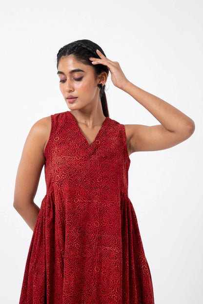 Block printed Red Silverlining Sunday Dress