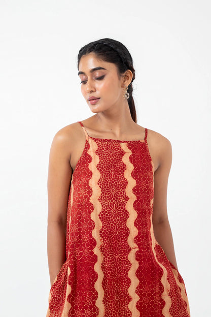 Block printed Red Waves Indie dress